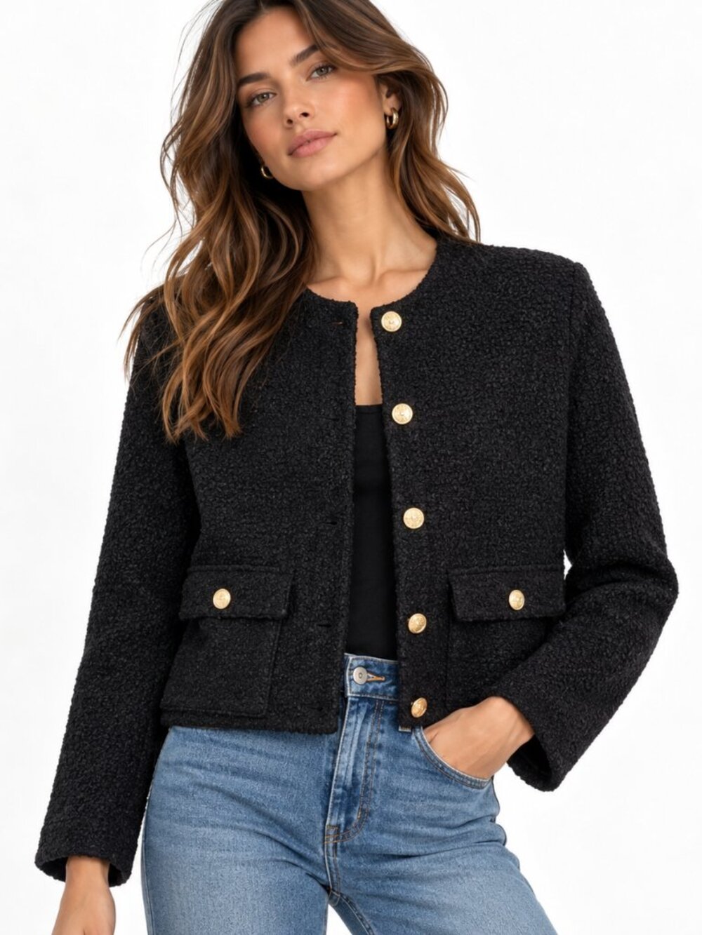 Abercrombie & Fitch Womens Boucle Jacket XL Black Gold Button Cropped Blazer